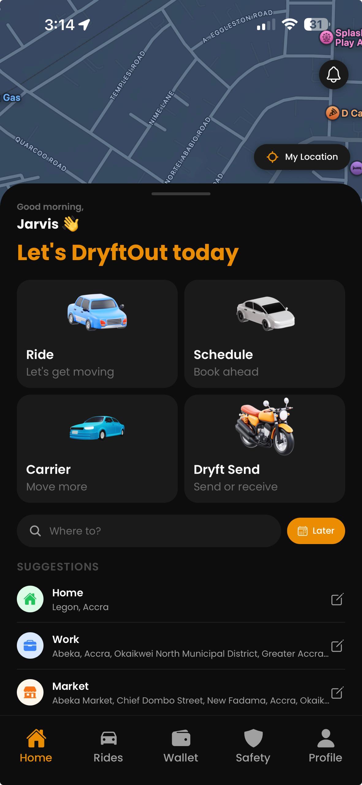 The DryftOut app home screen